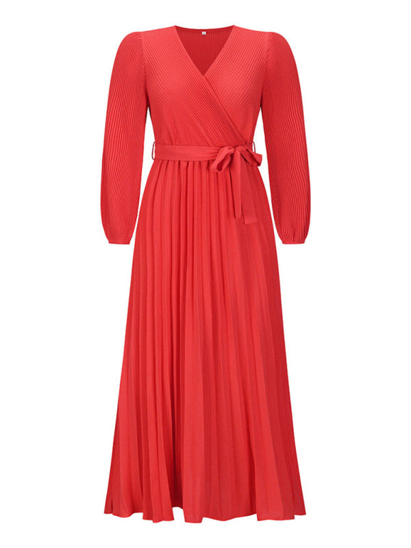 V-neck long-sleeved pleated A-line midi dress