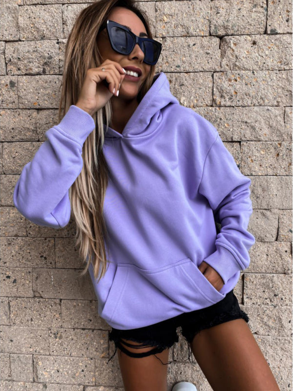 New autumn and winter long-sleeved solid color pullover hooded sweatshirt top