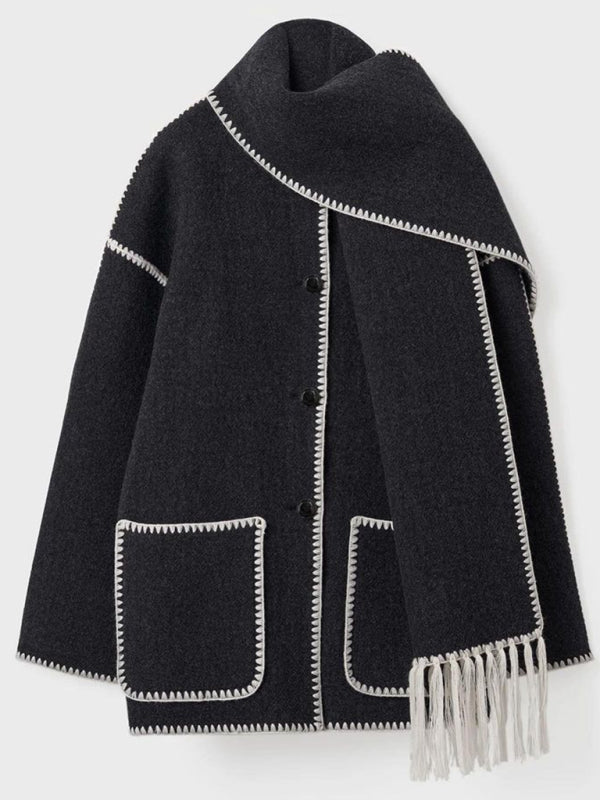 New autumn and winter new fashion woolen coat thickened loose with scarf tassels for women