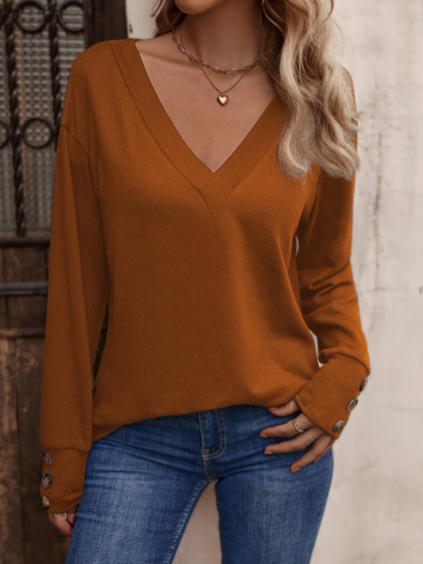 Women's V-neck loose long-sleeved T-shirt button top