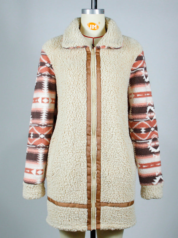 Color block printed lapel long zippered plush jacket