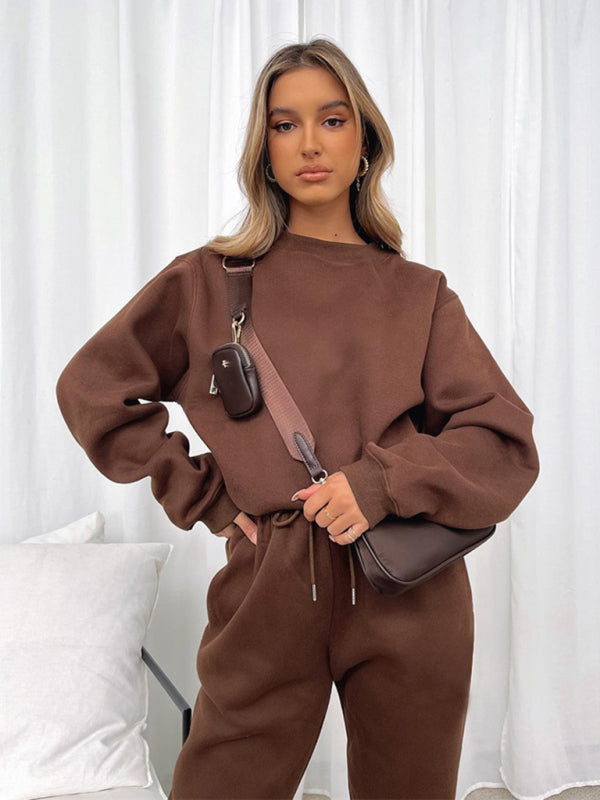 Women's New Solid Color Round Fashionable Casual Collar Pullover Long Sleeve Trousers Sweater Suit