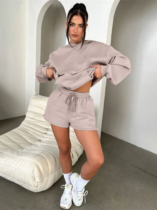 Women's new fashion loose solid color sweatshirt shorts set