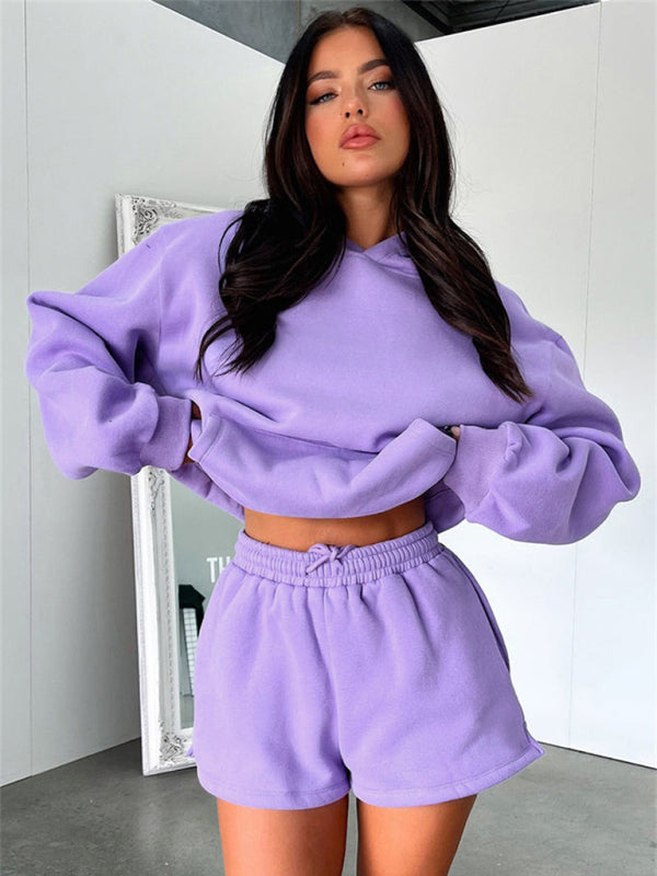 Women's new fashion loose solid color sweatshirt shorts set