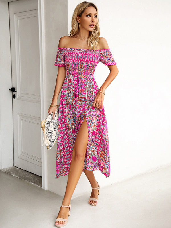 Women's one-shoulder bohemian slit dress