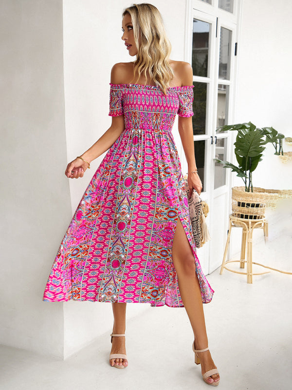 Women's one-shoulder bohemian slit dress