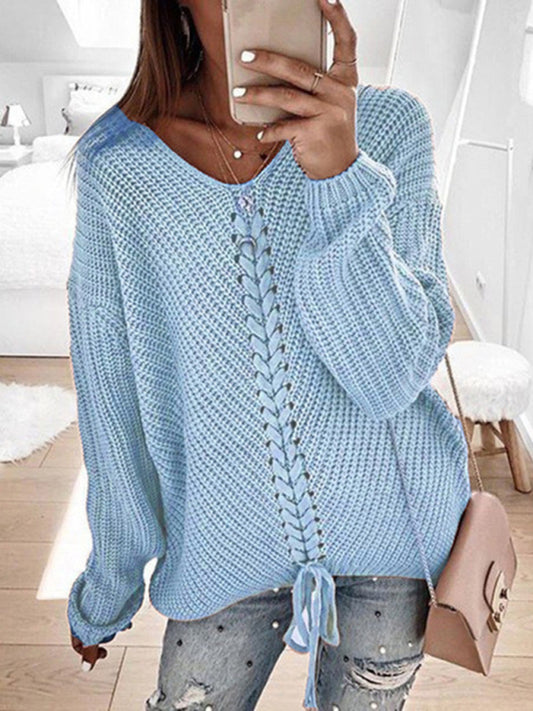 Women's long sleeve loose V-neck drawstring pullover sweater