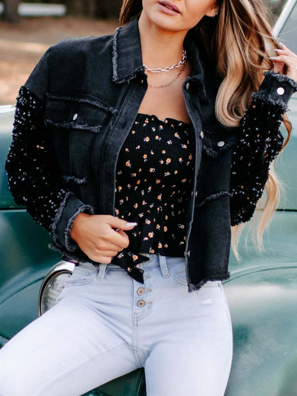 New women's sequined short denim jacket