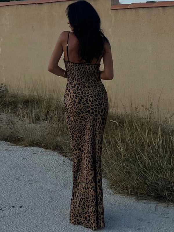 Women's halter neck fashion strap sexy backless leopard print dress