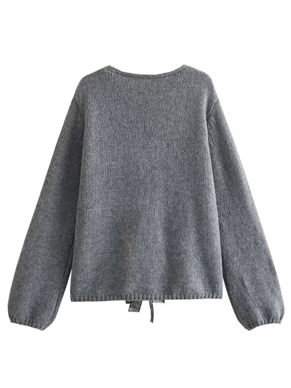 New sweater sequin bow top V-neck loose sweater New women's new sweater with sequined bow top