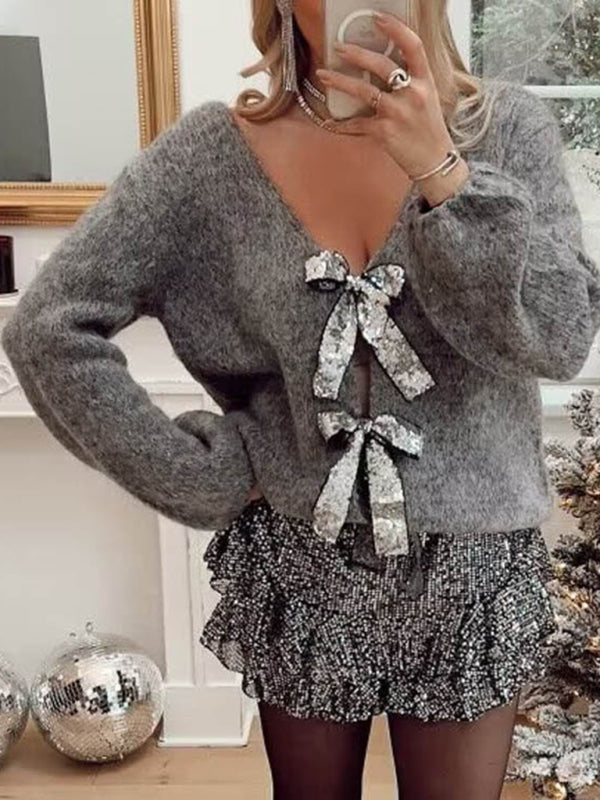 New sweater sequin bow top V-neck loose sweater New women's new sweater with sequined bow top