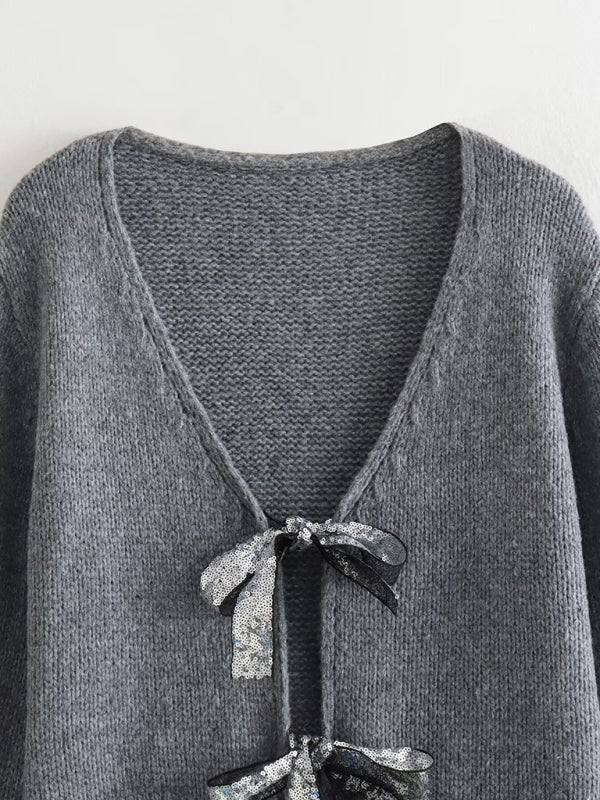 New sweater sequin bow top V-neck loose sweater New women's new sweater with sequined bow top