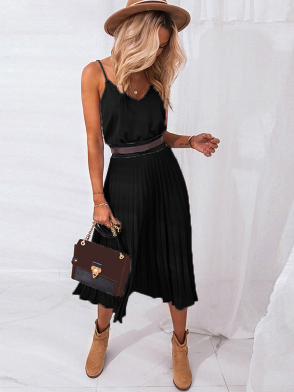 Women's loose and sexy V-neck pleated midi dress (belt not included)