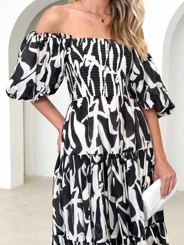 Women's Resort Style Puff Sleeve Printed French Cake Dress