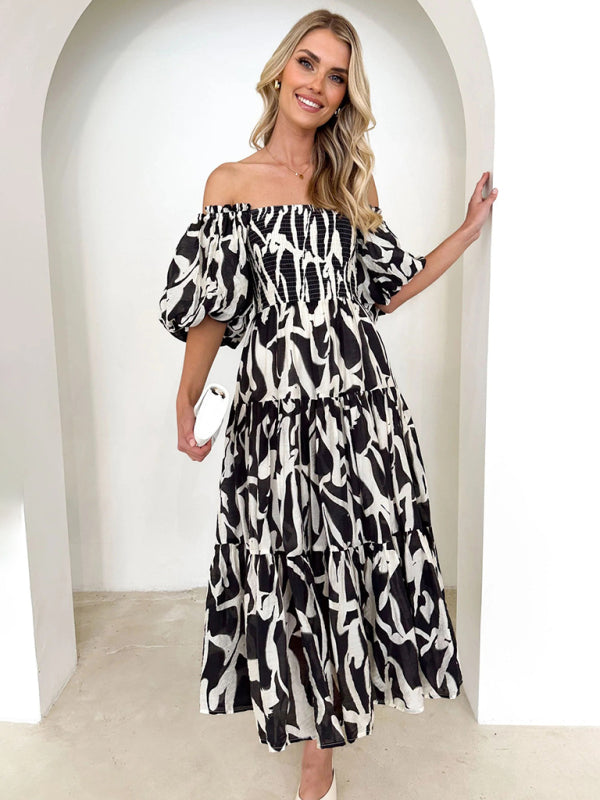 Women's Resort Style Puff Sleeve Printed French Cake Dress