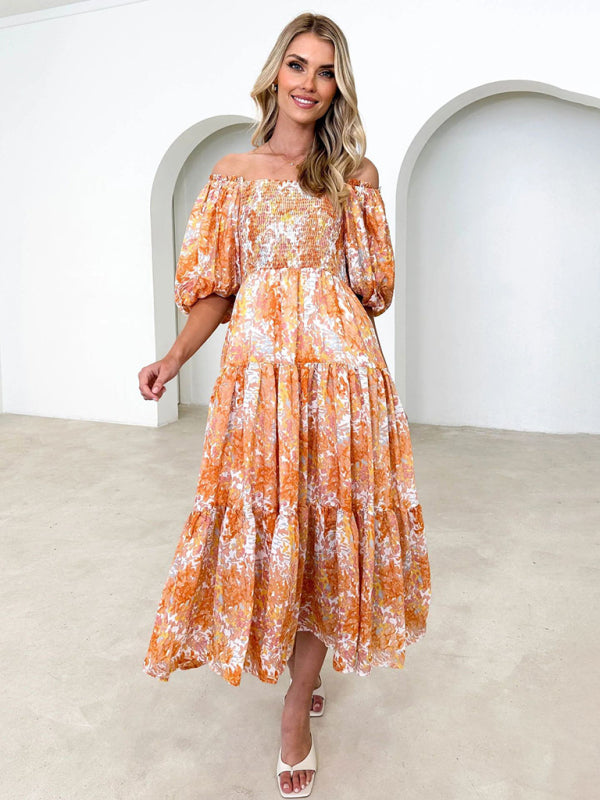 Women's Resort Style Puff Sleeve Printed French Cake Dress