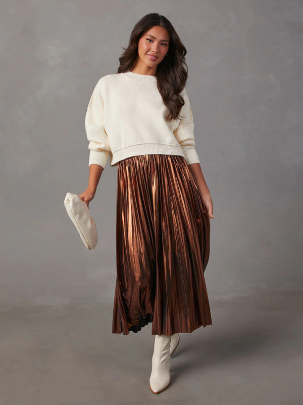 New shiny pleated high-waisted A-line mid-length skirt