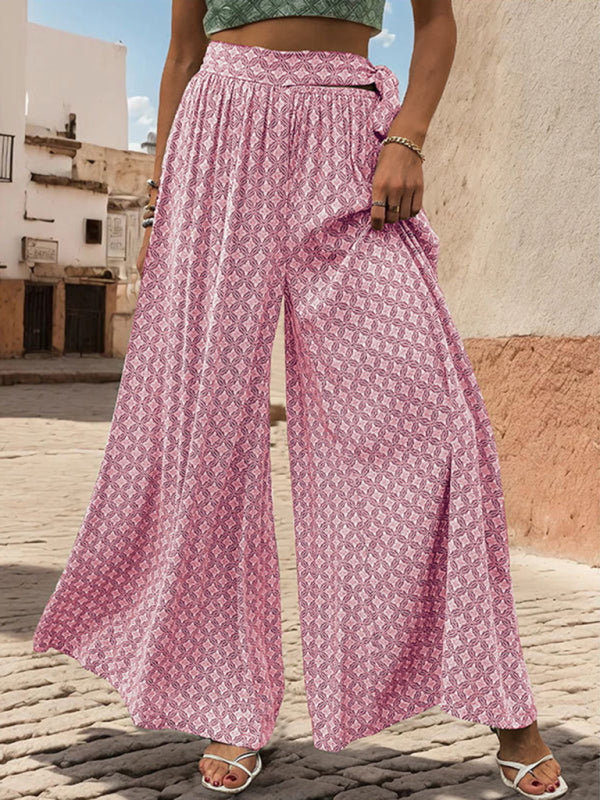 New women's lace-up high-waisted casual printed wide-leg trousers