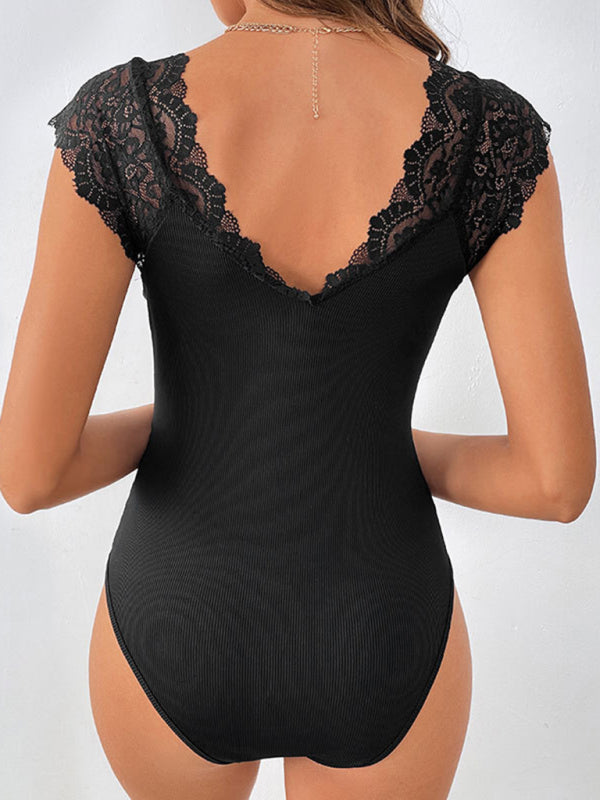 New style sexy lace stitching large V-neck bodysuit