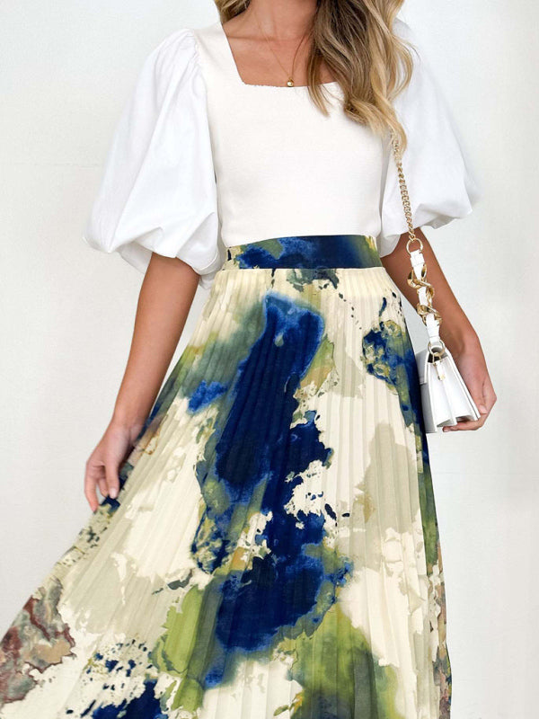 Women's printed draped A-line pleated skirt