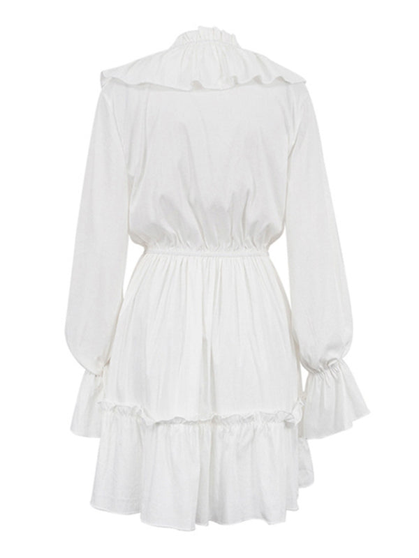 New deep V-neck design smocked trumpet sleeves ruffled white waist dress