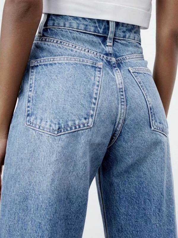 New high waist versatile ripped blue wide leg jeans