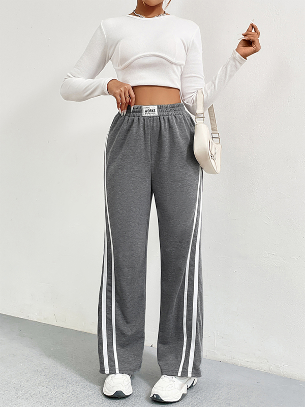 Sports pants high waist loose straight casual sweatpants striped stitching wide leg pants