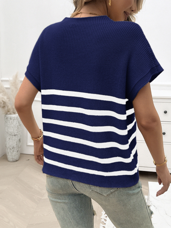 Women's Temperament Round Neck Striped Contrast Color Short Sleeve Sweater