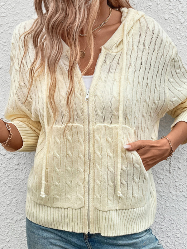 New Simple Hooded Cable Solid Color Cardigan Sweater