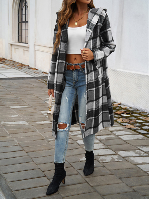 Women's casual loose check contrast color buttoned hooded jacket