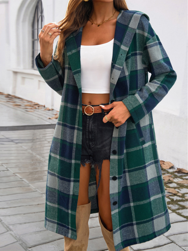 Women's casual loose check contrast color buttoned hooded jacket