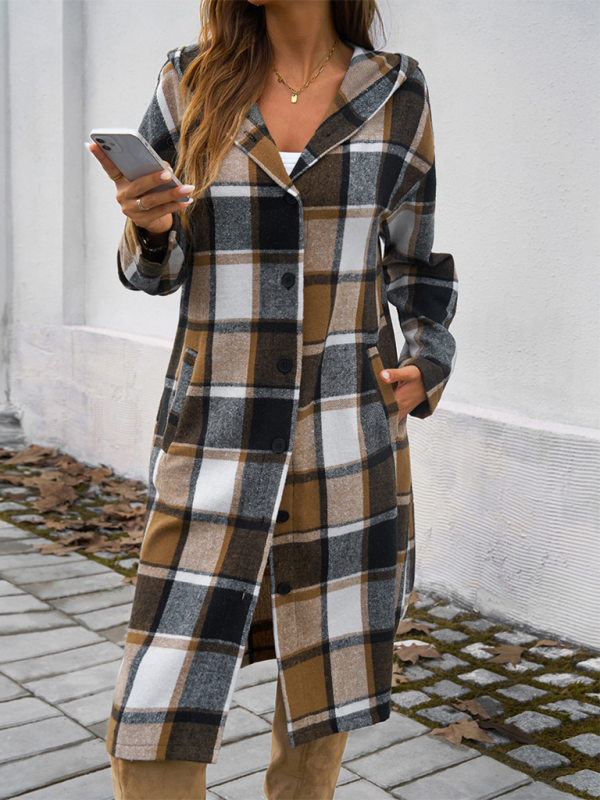 Women's casual loose check contrast color buttoned hooded jacket