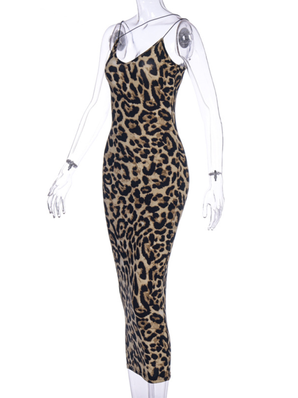 Suspender Sleeveless V-neck Leopard Snake Print Dress Fashion Sexy Midi Dress